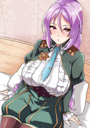 Rule 34 | 1girl, alternate breast size, blush, bolobolo, braid, breasts, clorica (rune factory), commission, frills, large breasts, long hair, long sleeves, looking at viewer, necktie, on bed, open mouth, orange eyes, pixiv commission, purple hair, rune factory, rune factory 4, solo, twin braids