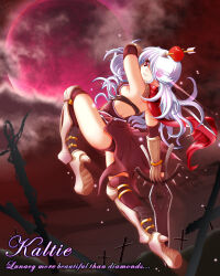 Rule 34 | 1girl, apple, apple on head, armor, arrow through apple, assassin cross (ragnarok online), boots, breasts, brown cape, brown gloves, brown leotard, cape, commentary request, cross, dagger, elbow gloves, eye trail, eyes visible through hair, fingerless gloves, food, fruit, full body, full moon, gloves, glowing, glowing eye, grin, hair between eyes, high heel boots, high heels, holding, holding dagger, holding knife, holding weapon, jamadhar, jumping, kneehighs, knife, leotard, light trail, long hair, looking at viewer, medium breasts, moon, pauldrons, pink moon, ragnarok online, red apple, red eyes, red scarf, revealing clothes, scarf, shoulder armor, sideboob, smile, socks, solo, tombstone, tsuki suishou, vambraces, waist cape, weapon, white hair