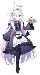 Rule 34 | absurdres, alternate costume, blue archive, blush, doodle sensei (blue archive), enmaided, expressionless, food, full body, grey eyes, grey hair, hair over one eye, halo, headband, highres, long hair, looking at viewer, maid, maid headdress, ohihil, pancake, pantyhose, plana (blue archive), sensei (blue archive), simple background, standing, weapon, white background