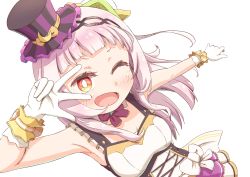 Rule 34 | 1girl, ;d, armpits, bare arms, blunt bangs, blush, bodice, bow, bowtie, breasts, corset, frilled straps, frills, gloves, hair bun, hair ornament, hairband, half updo, hat, hexagram hair ornament, highres, hololive, hololive idol uniform, idol, idol clothes, kiwami133, long hair, looking at viewer, mini hat, mini top hat, murasaki shion, official alternate costume, one eye closed, open mouth, purple bow, purple bowtie, short eyebrows, side bun, silver hair, single side bun, sleeveless, small breasts, smile, solo, tilted headwear, top hat, virtual youtuber, w over eye, white gloves, wrist cuffs, yellow eyes