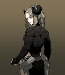 Rule 34 | 1girl, black horns, black shirt, braid, brown background, clenched hand, from behind, gogalking, gradient background, highres, horizontal pupils, horns, looking at viewer, looking back, multiple braids, original, shadow, shirt, solo, upper body, ur-bracka (gogalking), yellow eyes