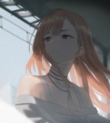 Rule 34 | 1girl, arisugawa natsuha, blue eyes, city, earrings, expressionless, idolmaster, idolmaster shiny colors, jewelry, long hair, looking to the side, mxwbr, red hair, solo, sunlight, upper body, wind
