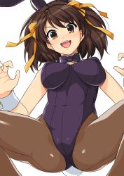 Rule 34 | 1girl, animal ears, black bow, black bowtie, black leotard, blush, bow, bowtie, breasts, brown eyes, brown hair, brown pantyhose, commentary request, covered navel, cowboy shot, detached collar, hair bow, hair ornament, hairband, hands up, haruhisky, highres, large breasts, leotard, looking at viewer, medium hair, open mouth, orange bow, orange hairband, pantyhose, playboy bunny, rabbit ears, rabbit tail, sidelocks, simple background, smile, solo, spread legs, suzumiya haruhi, suzumiya haruhi no yuuutsu, swept bangs, tail, teeth, upper teeth only, v-shaped eyebrows, white background, wrist cuffs