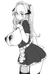 Rule 34 | 1girl, blush, breasts, breasts out, cleavage, covered erect nipples, demon girl, demon horns, demon maid (houtengeki), garter straps, greyscale, hair between eyes, heart pasties, horns, houtengeki, huge breasts, large areolae, long hair, looking at viewer, maid headdress, monochrome, original, pasties, pointy ears, simple background, solo, thighhighs, white background