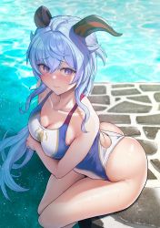 Rule 34 | 1girl, bare shoulders, blue hair, blue one-piece swimsuit, blush, breasts, collarbone, competition swimsuit, ganyu (genshin impact), genshin impact, goat horns, highleg, highleg swimsuit, highres, horns, large breasts, long hair, looking at viewer, one-piece swimsuit, purple eyes, solar (happymonk), solo, swimsuit, thighs