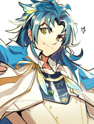 Rule 34 | 10s, 1boy, bad id, bad tumblr id, blue hair, close-up, feather hair ornament, feathers, feather hair ornament, kaemonn, long hair, looking at viewer, male focus, military, military uniform, ringed eyes, simple background, smile, solo, star (symbol), taikogane sadamune, touken ranbu, uniform, upper body, white background, yellow eyes