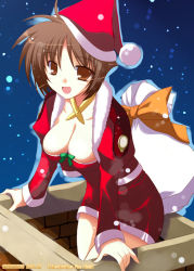 Rule 34 | 00s, 1girl, :d, amy limietta, blush, bobblehat, bow, breasts, chimney, christmas, cleavage, collar, collarbone, fur trim, hat, ibuki pon, large breasts, looking at viewer, lyrical nanoha, mahou shoujo lyrical nanoha, mahou shoujo lyrical nanoha a&#039;s, night, night sky, open mouth, orange bow, sack, santa costume, santa hat, sky, smile, solo, star (sky), starry sky