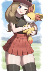 Rule 34 | 1girl, absurdres, black bracelet, black shirt, black thighhighs, blue eyes, bracelet, brown hair, creatures (company), fennekin, game freak, gen 6 pokemon, goggles, goggles on headwear, highres, holding, holding pokemon, hopeful wharf, jewelry, long hair, nintendo, one eye closed, open mouth, outdoors, pink headwear, pleated skirt, pokemon, pokemon (creature), pokemon xy, red skirt, serena (pokemon), shirt, skirt, sky, sleeveless, sleeveless shirt, smile, thick thighs, thighhighs, thighs