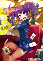 Rule 34 | 1girl, black dress, black gloves, card, chair, china dress, chinese clothes, dress, elbow gloves, floral print, gloves, open mouth, original, purple eyes, purple hair, shiina excel, side slit, sitting, solo, table, tears, twintails