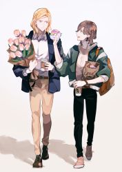 Rule 34 | 2boys, :|, absurdres, alternate costume, bag, belt, black pants, blonde hair, blue jacket, bouquet, bracelet, brown belt, brown footwear, brown hair, brown pants, camus (uta no prince-sama), closed mouth, collared shirt, cup, disposable cup, doughnut, eye contact, flower, food, full body, green jacket, grey eyes, hair between eyes, highres, holding, holding bouquet, holding cup, holding food, jacket, jewelry, kotobuki reiji, long sleeves, looking at another, looking to the side, medium hair, mofmofqueue, multiple boys, open clothes, open collar, open jacket, open mouth, pants, paper bag, parted bangs, pink flower, pink footwear, pink shirt, pink tulip, profile, shadow, shirt, shoes, short hair, shoulder bag, simple background, sleeves past elbows, sneakers, starbucks, tulip, uta no prince-sama, walking, white background, white shirt