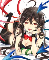 Rule 34 | 1girl, ahoge, alternate hair length, alternate hairstyle, asymmetrical wings, bare shoulders, black dress, black hair, black thighhighs, blue wings, bow, bowtie, breasts, commentary, dress, frilled neckwear, highres, houjuu nue, lace trim, long hair, medium breasts, pointy ears, red bow, red bowtie, red eyes, red wings, satoupote, short dress, simple background, snake, thighhighs, touhou, white background, wings, wristband