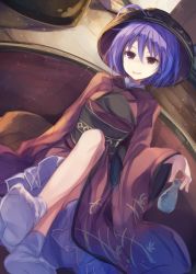 Rule 34 | 1girl, blush, bowl, dress, drunk, fal maro, feet, frills, highres, japanese clothes, legs, long sleeves, looking at viewer, md5 mismatch, no shoes, obi, object on head, open mouth, purple hair, red dress, red eyes, resized, ribbon, sash, short hair, sitting, smile, socks, solo, sukuna shinmyoumaru, tokkuri, touhou, white socks, wide sleeves