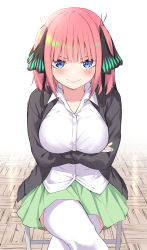 Rule 34 | 1girl, :&gt;, arms under breasts, black cardigan, black ribbon, blue eyes, blunt bangs, blush, breasts, butterfly hair ornament, cardigan, chair, collarbone, crossed arms, crossed legs, eyebrows hidden by hair, go-toubun no hanayome, green skirt, hair ornament, highres, large breasts, looking at viewer, multicolored nails, nail polish, nakano nino, open cardigan, open clothes, pink hair, ribbon, sahara386, school uniform, shirt, simple background, sitting, skirt, smile, thick thighs, thighhighs, thighs, twintails, v-shaped eyebrows, white shirt, white thighhighs, zettai ryouiki