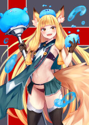 Rule 34 | 1girl, :d, animal ears, bandeau, black panties, black thighhighs, blonde hair, blush, brown gloves, commentary request, cowboy shot, gloves, hands up, highres, holding, holding clothes, holding gloves, irohara, large tail, long hair, looking at viewer, midriff, navel, open mouth, original, panties, smile, solo, standing, stomach, tail, thick eyebrows, thighhighs, thighs, underwear, very long hair, yellow eyes
