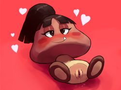 Rule 34 | 1girl, black hair, blush, blush stickers, come hither, fang, goomba, half-closed eyes, heart, legs apart, lying, mario (series), nintendo, no humans, on back, outta sync, ponytail, presenting pussy, pussy, pussy juice, smile, super mario odyssey