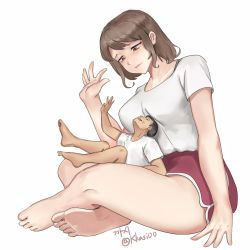 Rule 34 | 1boy, 1girl, barefoot, brown hair, feet, giant, giantess, gym shorts, highres, kkasi00, on lap, original, shorts, simple background, sitting, sitting on person, size difference, soles, toes, twitter username, white background