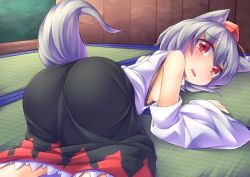 Rule 34 | 1girl, all fours, animal ears, ass, bare shoulders, blush, breasts, detached sleeves, fun bo, hat, inubashiri momiji, red eyes, short hair, sideboob, silver hair, skirt, solo, tail, tokin hat, touhou, wolf ears, wolf tail
