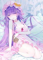 Rule 34 | 1girl, bad id, bad pixiv id, bare shoulders, blush, book, breasts, cleavage, crescent, hat, highres, large breasts, long hair, looking at viewer, panties, patchouli knowledge, purple eyes, purple hair, solo, striped clothes, striped panties, sweat, touhou, underwear, very long hair, yamada ranga