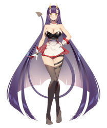 Rule 34 | 1girl, absurdly long hair, bare shoulders, between breasts, blunt bangs, breasts, bustier, cleavage, cluseller, demon tail, dress, full body, horns, indie virtual youtuber, large breasts, long hair, necktie, necktie between breasts, oni, oni horns, onigiri (vtuber) (1st costume), onigiri (vtuber), purple hair, shiny clothes, short dress, simple background, smile, tail, thigh gap, very long hair, virtual youtuber, white background, yellow eyes