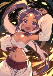 Rule 34 | 1girl, 6+boys, :3, absurdres, breasts, dancer, dancing, dark-skinned female, dark skin, detached sleeves, facial mark, forehead mark, highres, looking at viewer, lyric rishuna, multiple boys, navel, open mouth, purple eyes, purple hair, side ponytail, small breasts, sound voltex, stomach, strapless, tube top, wagashi928