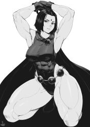 Rule 34 | abs, absurdres, armpits, arms up, bare arms, bare legs, belt, biceps, black leotard, breasts, cape, comic, dc comics, forehead jewel, gloves, greyscale, highleg, highleg leotard, highres, jewelry, kneeling, large breasts, leotard, looking at viewer, monochrome, muscular, muscular female, quads, raven (dc), short hair, signature, sleeveless turtleneck leotard, solo, speedl00ver, spread legs, taut leotard, teen titans, thick thighs, thighs