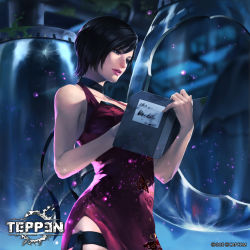 Rule 34 | 1girl, ada wong, bare arms, black choker, black eyes, black hair, book, breasts, capcom, choker, collarbone, cowboy shot, dress, highres, holding, holding book, looking at object, medium breasts, official art, parted lips, red dress, resident evil, resident evil 2, shiyuu (shiyu), short hair, side slit, solo, teppen, thigh strap