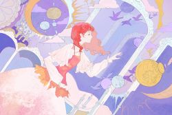 Rule 34 | 1girl, abstract, bird, blue eyes, braid, candle, cirrika, closed mouth, cloud, crescent, dress, dutch angle, fire, fire, frills, highres, long hair, mirror, original, profile, purple sky, red hair, reflection, sky, solo, sparkle, star (symbol), window