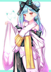 Rule 34 | alternate hairstyle, arm up, blush, bow, bug, butterfly, commentary request, earrings, green hair, hair bow, hair bun, highres, hololive, insect, japanese clothes, jewelry, kimono, long sleeves, looking at viewer, medium hair, red eyes, simple background, single side bun, solo, uruha rushia, uruha rushia (new year), virtual youtuber, white background, yuano