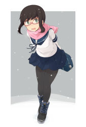Rule 34 | 1girl, :d, arms behind back, bag, bespectacled, black hair, black pantyhose, blue skirt, boots, fubuki (kancolle), full body, glasses, green eyes, holding, holding bag, kantai collection, kugui kiyunemu, looking at viewer, low ponytail, open mouth, pantyhose, pink scarf, pleated skirt, red-framed eyewear, scarf, school bag, school uniform, semi-rimless eyewear, serafuku, short hair, short ponytail, skirt, smile, snowing, solo