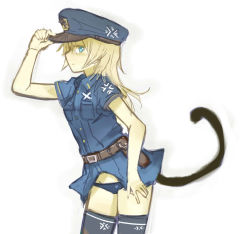 Rule 34 | 1girl, :o, belt, black thighhighs, blonde hair, blue eyes, blue panties, cat tail, hand on headwear, hat, helma lennartz, highres, holster, izuoku, leaning forward, long hair, military, military uniform, panties, peaked cap, short sleeves, sideways mouth, simple background, solo, strike witches, strike witches: suomus misfits squadron, tail, thighhighs, underwear, uniform, white background, world witches series