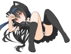 Rule 34 | animal ears, black hair, black jacket, black skirt, black thighhighs, blazer, blue hairband, blush, cat ears, cat girl, closed mouth, commentary, embarrassed, flat chest, hachimaki, hair between eyes, hairband, hand to forehead, hatsushimo (kancolle), hatsushimo kai ni (kancolle), headband, jacket, kantai collection, long hair, looking at viewer, low-tied long hair, lying, on back, panties, pleated skirt, red eyes, short sleeves, skirt, sleeves rolled up, solo, striped clothes, striped panties, thighhighs, thighs, underwear, yamato tachibana