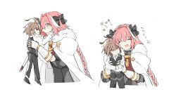 Rule 34 | !, !!, 2boys, ^ ^, antenna hair, archived source, astolfo (fate), black bow, black pants, black vest, bow, braid, cape, closed eyes, closed mouth, deformed, dress shirt, fang, fate/apocrypha, fate (series), fur-trimmed cape, fur trim, hair bow, hair intakes, hand on another&#039;s face, heart, highres, holding, kano201215, light blush, light brown hair, long braid, long hair, male focus, mini person, miniboy, multicolored hair, multiple boys, open mouth, pants, pink hair, purple eyes, red eyes, shirt, sieg (fate), simple background, single braid, skin fang, smile, streaked hair, trap, two-tone hair, very long hair, vest, white background, white cape, white hair, white shirt