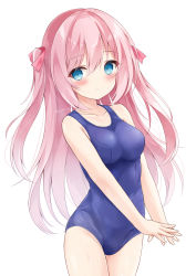 Rule 34 | 1girl, bad id, bad twitter id, blue eyes, blue one-piece swimsuit, blush, breasts, grey background, highres, kata rosu, long hair, looking at viewer, one-piece swimsuit, original, own hands together, pink hair, ribbon, school swimsuit, simple background, solo, swimsuit, thighs, two side up