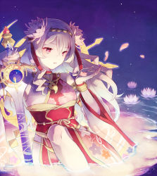 Rule 34 | 1girl, bare shoulders, bead necklace, beads, blonde hair, bracer, breasts, detached sleeves, falling petals, fingernails, floating hair, floral print, flower, flower on liquid, hair between eyes, hair flower, hair ornament, hair ribbon, hands up, highres, holding, holding sword, holding weapon, japanese clothes, jewelry, kimono, knee up, light particles, light smile, long hair, long sleeves, looking at object, magatama, magatama necklace, medium breasts, necklace, night, obi, obijime, official alternate costume, outdoors, parted lips, partially submerged, petals, pink eyes, planted, planted sword, planted weapon, print kimono, red kimono, red ribbon, ribbon, rope, saijou claudine, sash, shallow water, shimenawa, shoujo kageki revue starlight, shoujo kageki revue starlight -re live-, sitting, sleeveless, sleeveless kimono, solo, sword, two-tone kimono, water, wato (ko), weapon, white flower, white kimono, white ribbon, wide sleeves