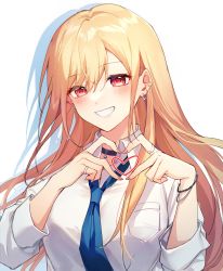 Rule 34 | 1girl, black collar, blonde hair, blue necktie, bracelet, breast pocket, collar, collared shirt, ear piercing, earrings, floating hair, grin, hair between eyes, heart, heart hands, highres, jewelry, kitagawa marin, long hair, long sleeves, looking at viewer, necktie, piercing, pocket, red eyes, shadow, shirt, simple background, smile, solo, sono bisque doll wa koi wo suru, very long hair, white background, white shirt, wing collar, yunweishukuang