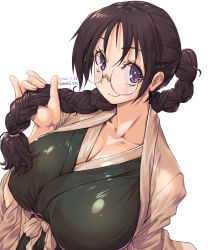 Rule 34 | 1girl, amania orz, black hair, bleach, bleach: sennen kessen-hen, blush, braid, braided ponytail, breasts, cleavage, dated, glasses, highres, holding, holding own hair, huge breasts, katori batsuunsai, long hair, looking at viewer, purple eyes, round eyewear, shadow, simple background, smile, solo, twitter username, upper body, white background