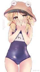 Rule 34 | 1girl, alternate costume, artist name, bare shoulders, blonde hair, blush, brown hat, covering own mouth, cowboy shot, fingernails, hat, head tilt, highres, medium hair, moriya suwako, one-piece swimsuit, open mouth, ramudia (lamyun), sidelocks, simple background, solo, standing, swimsuit, touhou, white background, yellow eyes