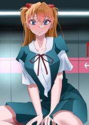Rule 34 | 1girl, absurdres, arms under breasts, artist request, blue eyes, blue skirt, blush, bow, bowtie, breasts, brown hair, collarbone, collared shirt, dress shirt, highres, interface headset, long hair, looking at viewer, medium breasts, neon genesis evangelion, school uniform, shirt, simple background, sitting, skirt, smile, solo, souryuu asuka langley, suspender skirt, suspenders, tokyo-3 middle school uniform, two side up, white shirt, wide hips