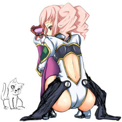 Rule 34 | 1girl, anya alstreim, ass, back, backboob, boots, breasts, cat, code geass, elbow gloves, from behind, gloves, leotard, long hair, looking at viewer, looking back, pink eyes, pink hair, purple thighhighs, shiny skin, showgirl skirt, simple background, solo, squatting, thighhighs, twintails, wantsupanchi!!, white background