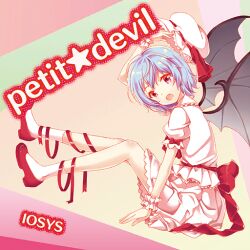 Rule 34 | 1girl, album cover, back bow, bat wings, belldot, blue hair, bow, brown background, collared shirt, cover, english text, eyelashes, fang, frilled hat, frilled shirt, frilled shirt collar, frilled skirt, frilled sleeves, frilled wrist cuffs, frills, from side, game cg, green background, hat, hat ribbon, head tilt, high heels, holding, holding clothes, holding hat, iosys, leg ribbon, looking at viewer, miniskirt, mob cap, multicolored background, official art, open mouth, pink background, puffy short sleeves, puffy sleeves, pumps, purple eyes, red background, red bow, red footwear, red ribbon, red sash, remilia scarlet, removing hat, ribbon, ribbon-trimmed headwear, ribbon trim, sash, shirt, short hair, short sleeves, sitting, skirt, skirt set, sleeve bow, socks, touhou, touhou cannonball, unworn hat, unworn headwear, white hat, white shirt, white skirt, white socks, white wrist cuffs, wings, wrist cuffs