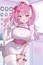 Rule 34 | 1girl, absurdres, blurry, blurry background, bow, breasts, cleavage cutout, clothing cutout, dress, eyelashes, fang, hair bow, hair intakes, hat, heart, heart cutout, highres, large breasts, nurse, nurse cap, open mouth, original, pink bow, pink eyes, pink hair, pink nails, puputa, short dress, single thighhigh, solo, thigh strap, thighhighs, white dress, white thighhighs, white wrist cuffs, wrist cuffs