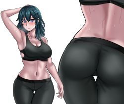 Rule 34 | 1girl, absurdres, alternate costume, arm over head, arm up, armpits, ass, back, bare shoulders, black pants, black sports bra, blue eyes, blue hair, blush, breasts, byleth (female) (fire emblem), byleth (fire emblem), cleavage, collarbone, commentary, cowboy shot, drie, fire emblem, fire emblem: three houses, gluteal fold, hair between eyes, highres, large breasts, long hair, looking at viewer, midriff, multiple views, navel, nintendo, pants, parted lips, sidelocks, simple background, sports bra, standing, sweat, taut clothes, thigh gap, tight clothes, tight pants, white background