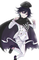 Rule 34 | 1boy, absurdres, black cape, black footwear, black hair, black headwear, buttons, cape, checkered clothes, checkered scarf, danganronpa (series), danganronpa v3: killing harmony, double-breasted, flipped hair, fuyu ko, grin, hair between eyes, hands up, highres, jacket, long sleeves, oma kokichi, pants, purple cape, purple footwear, scarf, shoes, simple background, smile, solo, teeth, torn cape, torn clothes, white background, white jacket, white pants