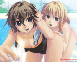 Rule 34 | 2007, 2girls, :d, :o, adjusting hair, ass, ass grab, bent over, blonde hair, blue eyes, blush, bob cut, bomi, breasts, brown hair, chain-link fence, cleavage, cloud, competition swimsuit, covered erect nipples, day, downblouse, drinking fountain, fence, fingernails, foreshortening, galge.com, goggles, grabbing another&#039;s ass, groping, hair up, large breasts, long fingernails, multiple girls, naughty face, one-piece swimsuit, open mouth, outdoors, parted bangs, pool, poolside, short hair, sidelocks, sky, smile, sparkle, swim cap, swimsuit, water, wet, wet clothes, yuri