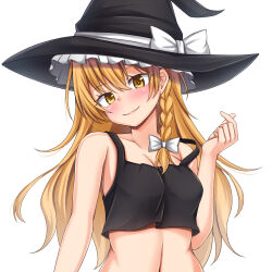 Rule 34 | 1girl, black hat, black tank top, blush, bow, braid, breasts, cleavage, closed mouth, commentary request, hair bow, hat, hat bow, head tilt, highres, kirisame marisa, looking at viewer, medium breasts, mogura (mogura108), navel, side braid, simple background, single braid, smile, solo, tank top, touhou, upper body, white background, white bow, witch hat, yellow eyes