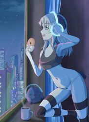 Rule 34 | 1girl, animal ears, armpits, bird ears, bird tail, blonde hair, blue eyes, bow, bow panties, building, city, closed eyes, coffee mug, cup, curtains, doughnut, food, highres, keicha (kmoekaki), long hair, looking outside, luminous witches, moffy (luminous witches), mug, navel, new york, night, night sky, open mouth, panties, sky, sports bra, strike witches, striped clothes, striped thighhighs, tail, thighhighs, underwear, virginia robertson, world witches series