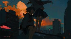Rule 34 | 2girls, aqua eyes, bare legs, barefoot, black hair, building, city, closed mouth, cloud, dated, evening, highres, lamppost, long hair, long sleeves, multiple girls, neckerchief, original, outdoors, outstretched arms, power lines, red neckerchief, sailor collar, scenery, school uniform, serafuku, short hair, signature, sitting, sky, standing, xilmo