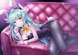 Rule 34 | 1girl, alternate costume, animal ears, aqua hair, black footwear, black leotard, black pantyhose, bow, bowtie, breasts, cleavage, couch, detached collar, dragon girl, dragon horns, fake animal ears, fake tail, fate/grand order, fate (series), fishnet pantyhose, fishnets, high heels, horns, kiyohime (fate), leotard, long hair, lying, medium breasts, multiple horns, on couch, on side, pantyhose, playboy bunny, rabbit ears, rabbit tail, side-tie leotard, strapless, strapless leotard, suzumia (daydream), tail, wrist cuffs, yellow eyes, yellow neckwear