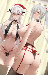 Rule 34 | 2girls, :d, absurdres, aegir (azur lane), ass, azur lane, back, back bow, bare arms, bare shoulders, black legwear, black panties, blush, bobblehat, bow, breast curtains, breasts, chain, christmas, closed mouth, collarbone, commentary, crotch zipper, drake (azur lane), frown, garter belt, gluteal fold, hair ornament, hat, highres, holding, horns, large breasts, larger bmx, long hair, looking at viewer, looking back, manjuu (azur lane), multicolored hair, multiple girls, navel, open mouth, panties, parted lips, pom pom (clothes), ponytail, red bow, red hair, red headwear, santa hat, sideboob, silver hair, smile, stomach, streaked hair, thigh gap, thighhighs, two-tone hair, underwear, underwear only, very long hair, yellow eyes, zipper