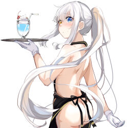 Rule 34 | 1girl, apron, ass, bare shoulders, bendy straw, black apron, blue eyes, blush, brown eyes, closed mouth, cup, drinking glass, drinking straw, from behind, gloves, hair between eyes, hand up, heterochromia, highres, holding, holding tray, kagura gumi, kagura mea, long hair, naked apron, nose blush, ponytail, sidelocks, simple background, solo, sweat, tray, very long hair, virtual youtuber, white background, white gloves, white hair, xuu shi times